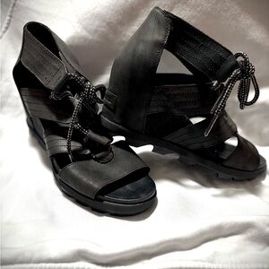 Sorel Joanie II Lace Gladiator Wedge Black Leather Sandals Shoes Women’s 8.5